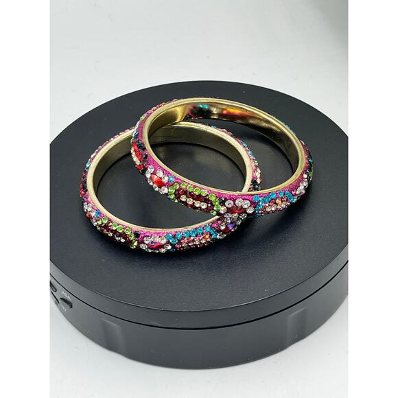 Deepa Gurnani Thin Pink Colorful Multicolored Rhinestone Bangle Bracelet Set - Picture 3 of 8
